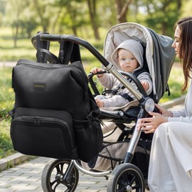 MISS FONG Changing Bag Backpack - Baby Bags Neoprene Nappy Bags Travel Maternity Backpack Large Capacity with Changing Mat Stroller Bag Insulated Pockets with 12 Pockets for Mom & Dad - Black