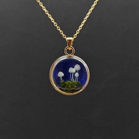 Mushroom Moss 3D Landscape Starry Pendant 18k Gold Plated Chain Necklace for Women Handmade
