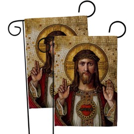 Feast of Sacred Heart of Jesus Canvas Flag 2 Pcs Pack Wall Hanging Decor Home Poster Porch Balcony Religious Room Tapestry Faith Fathers Day Cemetery Decorations for Grave Yard Catholic Gifts