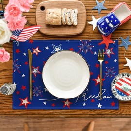 Artoid Mode Blue Patriotic Freedom Stars Placemats for Dining Table, 12x18 Inch 4th of July Memorial Day Decoration Washable Table Mats Set of 4