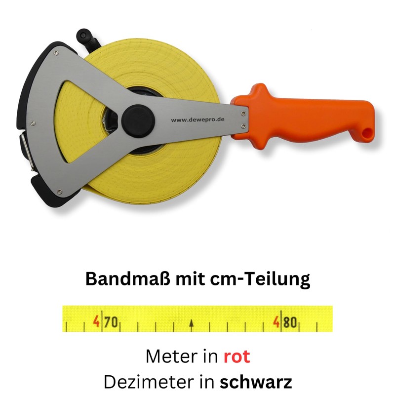 Richter fibreglass tape measure, 16 mm wide with V-metal frame,