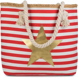 styleBREAKER Beach Bag with Maritime Stripe Pattern, Star Print and Zipper, Shoulder Bag, Shopping Bag, Ladies 02012169, Colour:Red-White/Gold