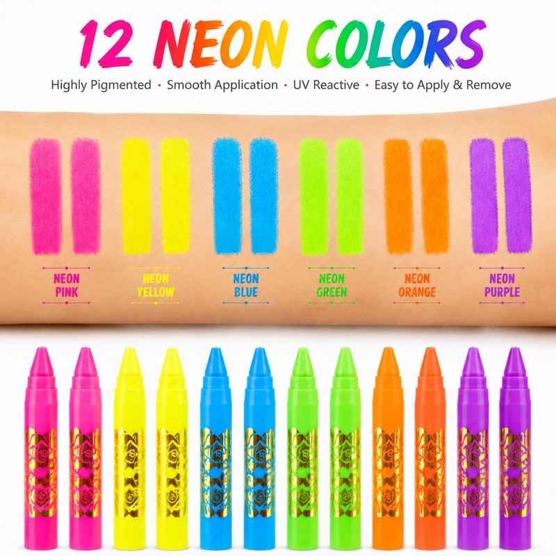 12 Pack UV Neon Face & Body Paint Sticks, Vibrant