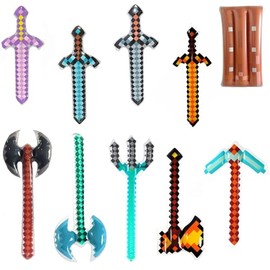 10Pcs Funny Inflatable Pixel Weapon Balloons – Includes Pixel Sword, Axe, Trident, Shield & Pickaxe, Party Supplies for Gamer Fans, Pixel-Themed Birthdays & Pool Parties