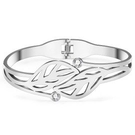 RAIDIN Gold Bangle Bracelet for Women Girls 18K Gold Plated Stainless Steel Dainty Rhinestone Crystal Accents Leaf Cuff Bracelets Fashion Jewelry for Gifts (Silver-069 Leaf)