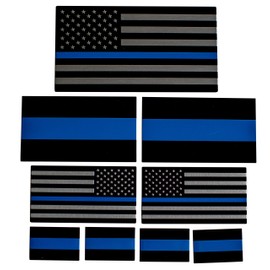 Aluminum Thin Blue Line Sticker Emblems | in Support of Police Officers and Law Enforcement | Bundle – 9 Items: 1 Thin Blue Flag, 2 Blue Line, 1 Mirror Set Flags, 4 License Stickers
