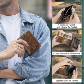 Contacts Crazy Horse Leather Wallet for Men Travel Bifold Wallets Trifold Purse Vintage Card Holder Zipper Coin Pocket with 13 Card Slot, Light Brown, Vintage