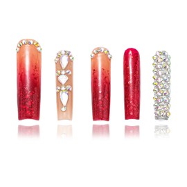 FORBELOVED NAILS|Luxury Ombre Red Glitter Gems Handmade Press On Nails|Long Square Stick On Nails|Glitter Full Covered Gems Charming False Nails For Women And Girls|10Pcs/Set With Glue|(Red-S)|FOB