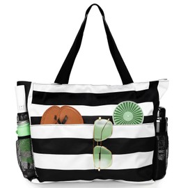 Jeinbuil Women's Beach Bag with Zip Large Swimming Bag XXL Family Beach Tote Bag for Beach Travel Pool Gym, Black and White