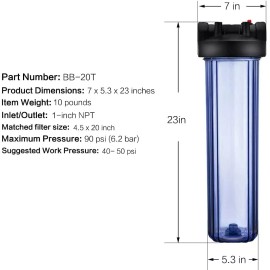 Geekpure 20 Inch Clear Whole House Water Filter Housing - 4.5" x 20" - 1" Port