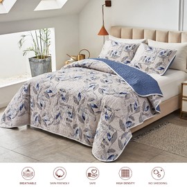 Joyreap 3 Pieces Microfiber Quilt Set, Botanical Blue Leaves on Light Gray Reversible Design, Bedspread Bed Cover for All Season, 1 Quilt and 2 Pillow Shams (Full/Queen, 90x90 inches)