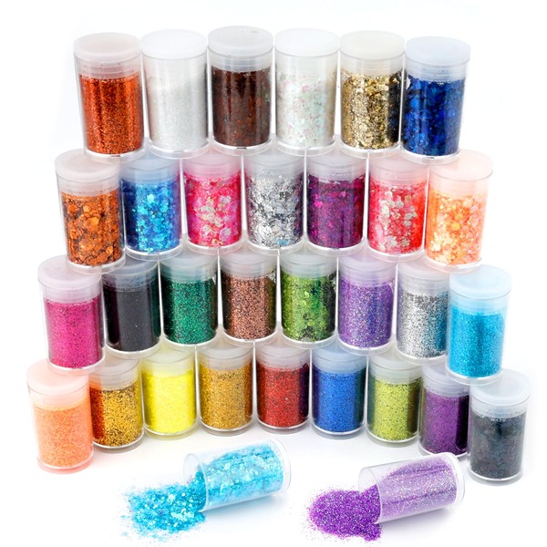 Pack of 32 Craft Glitter, Glitter Powder for Crafts, Glitter for Decoration, Cards, Paper, Nail Art, Fine Glitter Powder Set (16 x with Fine Glitter + 16 x with Sequins)