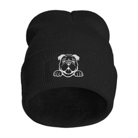 Yrassio Pug Dog Embroidery Beanie Hat for Men Women Winter Warm Stretch Skull Knit Hats Cap Black