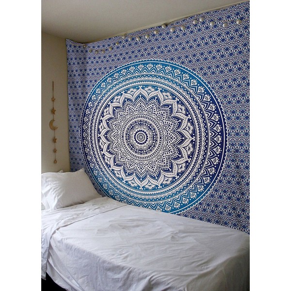 Bless International Indian Traditional Mandala Hippie Wall Hanging, Cotton Tapestry Ombre Bohemian Bedspread (Queen (84x90 Inches)(215x230 Cm), Blue)