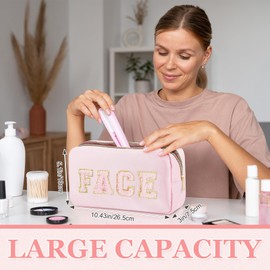 Giesiery 4 Pcs Preppy Makeup Bags Chenille Letter Nylon Cosmetic Bags Face Skin Hair Stuff Toiletry Bags for Home, Beach, Travel, Gym, Office Stuff Storage (Mixed Colors)