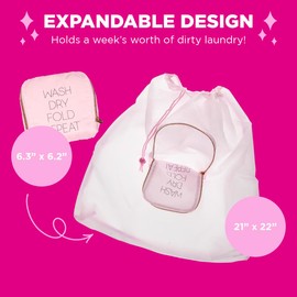 Miamica M31267 Travel Laundry Bag, Wash, Dry, Fold, Repeat, Pink, One Size, Travel Laundry Bag, Wash, Dry, Fold, Repeat