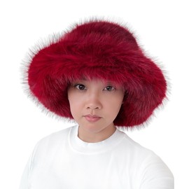 Lina & Lily Oversized Winter Faux Fur Bucket Hat for Women - Long Pile Fur Wide Moldable Brim (Dark Red)