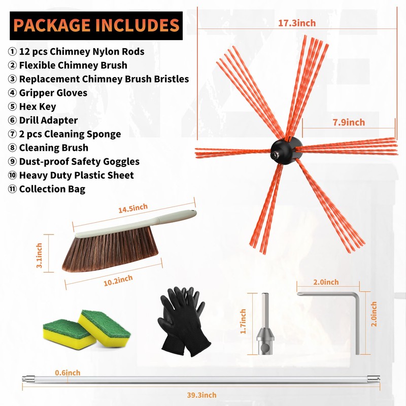 Sealegend 39 Feet Chimney Sweep Kit Chimney Brush, Chimney Cleaning