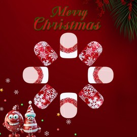 Christmas Press on Nails Short Fake Nails with Red Glitter Snowflake Designs White French Tip Nails Press ons Glossy Glue on Nails Nude False Nails Square Artificial Stick on Nails for Women 24Pcs