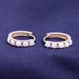 AFFY Round Cut Created Opal Gemstone Huggie Hoop Earrings In 14K Rose Gold Over Sterling Silver Jewelry For Women