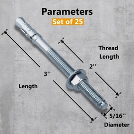 Party Animals 5/16 x 3 Inch Wedge Anchor, 25 PCs Zinc-Plated Industrial Anchor Bolts for Cement, Concrete