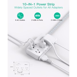 Mifaso Power Strip Extension Cord - 6 Outlets and 4 USB (2 USB C), 5Ft Braided Cord with Ultra Thin Flat Plug, Wall Mount, Overload Protection, Compact for Travel, Cruise Ship, and Dorm Room Essentials