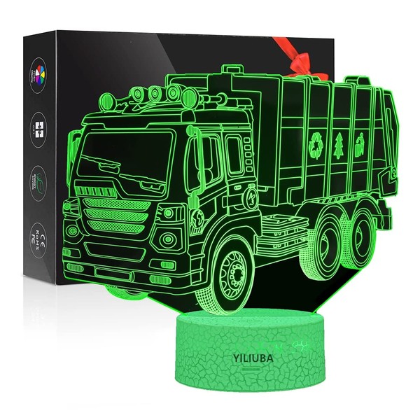 Garbage Truck Car Gift Night Lights for Kids 3D Lamp LED Desk Lamps for Boys Decor Bedroom Room USB plugs 7 Color Gradual Changing Truck Light or Birthday Xmas Party Festival Decor Children Gifts
