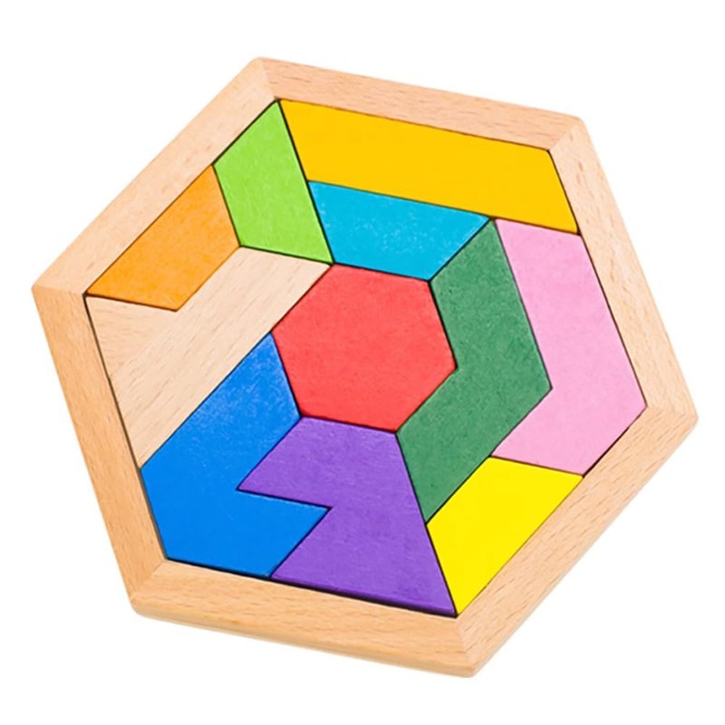 KINGOU Wooden Hexagon Tangram Puzzle Shape Pattern Blocks Brain Teaser