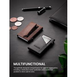 SURAZO® Genuine Leather Mini Card Holder, Credit Card Holder with Coin Compartment, Slim Wallet with Card Slot, Metal Pop Wallet with RFID Protection, Mini Leather Card Case Wallet, Small Card Holder