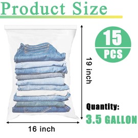 3.5 Gallon Heavy-Duty Plastic Zipper Storage Bags, 16x19 Inch Clear Reclosable Bags, 15-Pack Large Capacity Bags for Storage