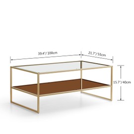 Shrine Glass Coffee Table, Dual-Layer Glass Coffee Table for The Living Room, Gold-Plated Metal Frame, Golden Hardware, Lower Tier with Tinted Glass