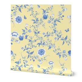 Peel & Stick Wallpaper Swatch - Pale Yellow Chinoiserie Dowager Floral Pastel Blue Flowers Butterfly Custom Removable Wallpaper by Spoonflower
