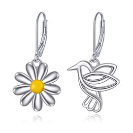 Vadmans Hummingbird Earrings Sterling Silver Daisy Earrings Dangle Asymmetry Hummingbird Leverback Earrings Jewelry Mothers Day Birthday Gifts for Women Girls Girlfriend (Hummingbird Daisy Earrings)