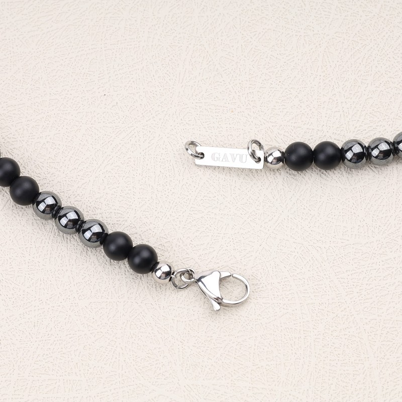 GAVU Men's Simple Crystal Necklace, Stone, Hematite mats onyx Hematite