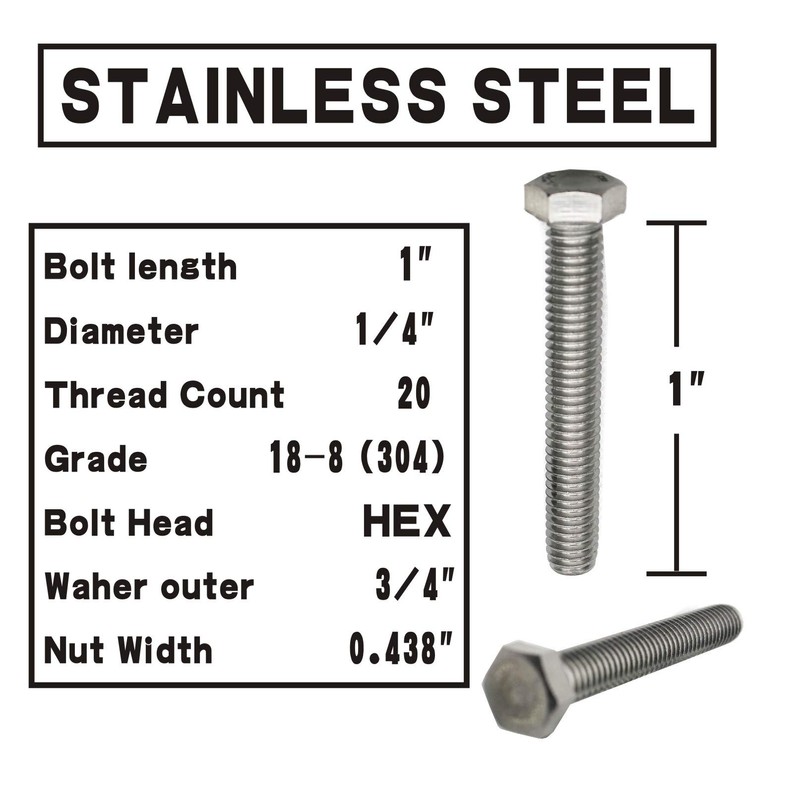 (10 Sets) 1/4-20x1" Stainless Steel Hex Head Screws Bolts, Nuts,