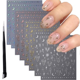8 Sheets Sun Moon Star Nail Stickers, 3D Self-Adhesive Art Decals Stars Sun Design Stickers Laser Gold Supplies Heart Silver for Women Girls DIY Acrylic Decoration (Art Deco)