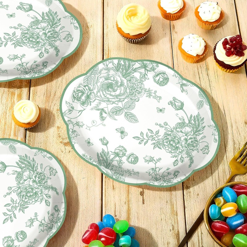 50Pcs Sage Green Floral Large Oval Paper Plates 12 x