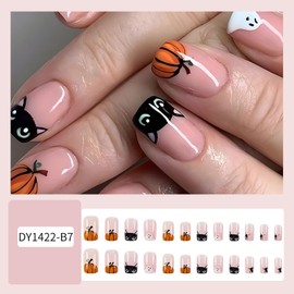 RTKHFZE Hallowee Medium Press on Nails Square Fake Nails with Pumpkin and Cartoon Cat Designs Press on False Nails Pink Glossy Full Cover Acrylic Nails Stick on Nails for Women Girls 24Pcs