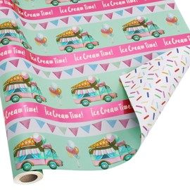 LaRibbons Ice Cream Reversible Wrapping Paper Mini Roll, Ice Cream Truck and Sprinkles Design with Metallic Foil Shine, Perfect for Birthday, Summer Gifts,Party Favor, 17" x 33' (46.7 sq. ft)