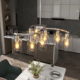 9-Light Modern Farmhouse Chrome Chandelier, Contemporary Dining Room Light Fixture, Adjustable Height Hanging Industrial PendantShade color: Chrome, Design Style: Modern, Lamp Power(W): 0-60, Number of Lights: 9