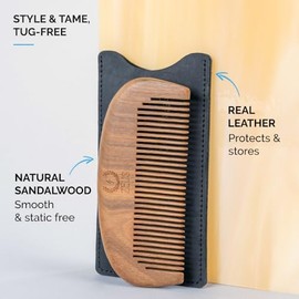 Zeus Peine de barba de sándalo orgánico con funda de cuero | Saw-Cut Wooden Comb with Protective Leather Sleeve, Anti-Static to Smooth, Style & Tame A