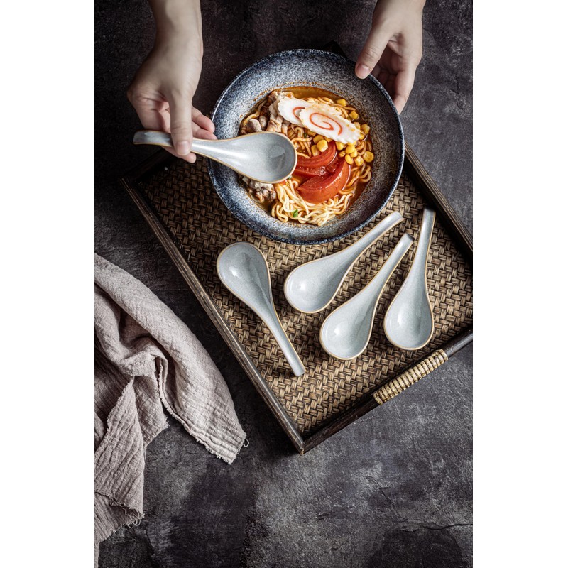 LYEOBOH Ceramic Asian Soup Spoons Set of 6 with Long
