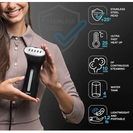 Portable Travel Garment Steamer for Clothes, Metal Steam Head, 25s Heat Up, Pump System, Mini Size, Handheld Steamer for Any Fabrics, No Water Spitting, 120V