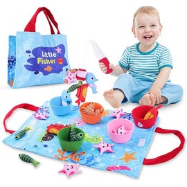 Toddler Toy Montessori Toys for 1 Year Old Baby Boy Girl Birthday Gift, 22pcs Cloth Fishing Game Learning Toys for Toddlers 1-3 - Counting, Color Sorting, Fine Motor Skills 6-18 Months (Blue)