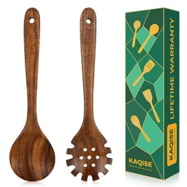 Wooden Spoons for Cooking, 2 Pcs Teak Wood Utensil Set, Wooden Kitchen Utensils for Noodle, Spaghtti & Soup (Round Spaghetti Server)