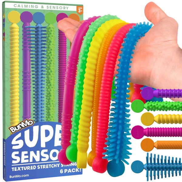 BUNMO Super Sensory Stretchy Strings 6pk | Calming & Textured Monkey Stretch Noodles | Sensory Toys for Autistic Children | Stress Relief & Anxiety Toys for Kids | Hours of Fun for Kids