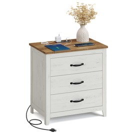 VASAGLE LIRY Collection - Farmhouse Nightstand with Charging Station, Bedside Table, Side End Table with 3 Drawers, for Bedroom, Rustic White and Honey Brown ULET679W01
