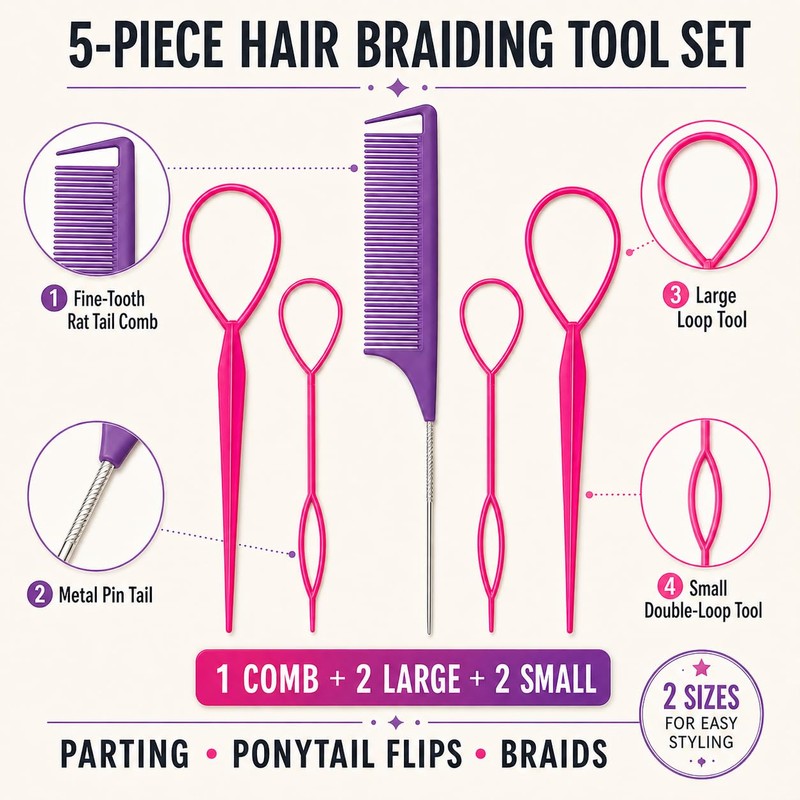 5 Piece Hair Braiding Tools Set with Rat Tail Comb