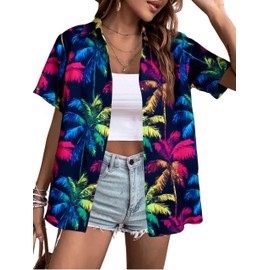 Hawaiian Shirts for Women Tropic Plam Tree Print Tees Beach Hawaii Tshirts Button Up Tee Tops Summer Vacation Short Sleeves Blue