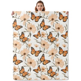 Kibue Pretty Butterfly with Floral Blanket - Lightweight, Soft & Cozy Flannel Plush Throw Blankets for Travel, Sofa, Bedroom, Office - Warm Decor for Adults Kids Women 60"×50"